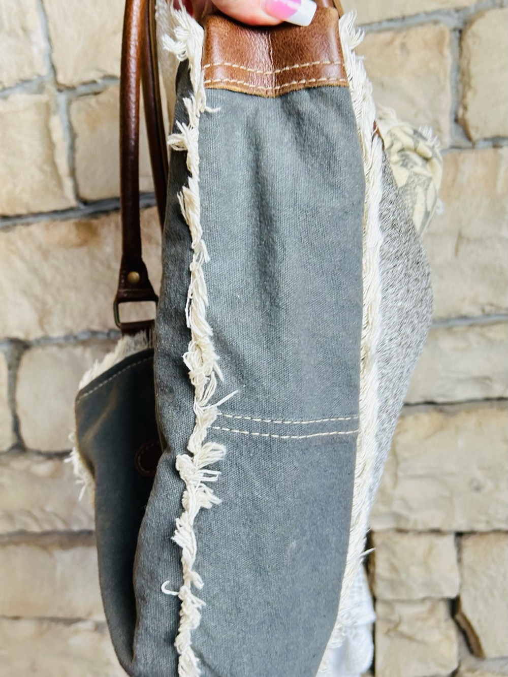 Myra Bag -Canvas and Leather Gray-Tan Tote Bag with Cream Pattern - Picture 5 of 5